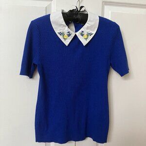 Cable & Gauge Ribbed Floral Collar Top Womens S Blue Coquette Feminine Romantic